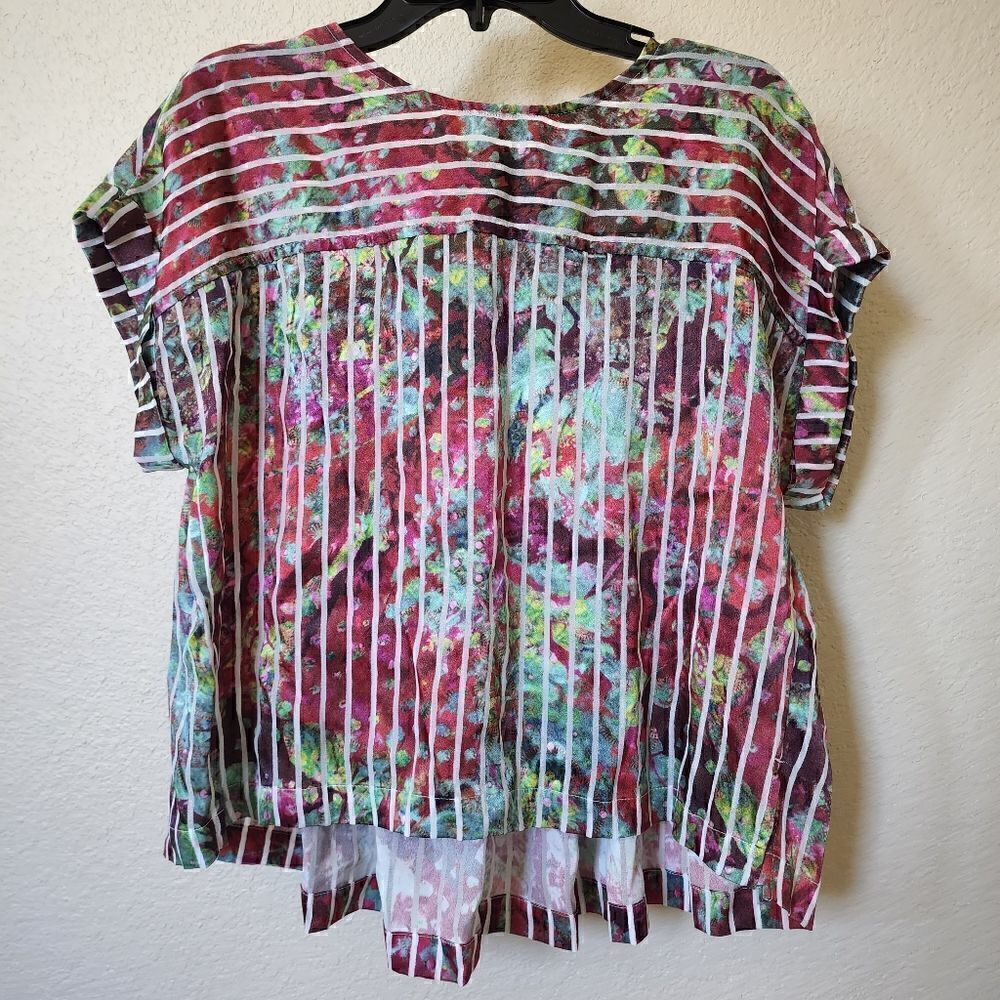 Soft Surroundings Red & Green Abstract Print Striped Short Sleeve Blouse S